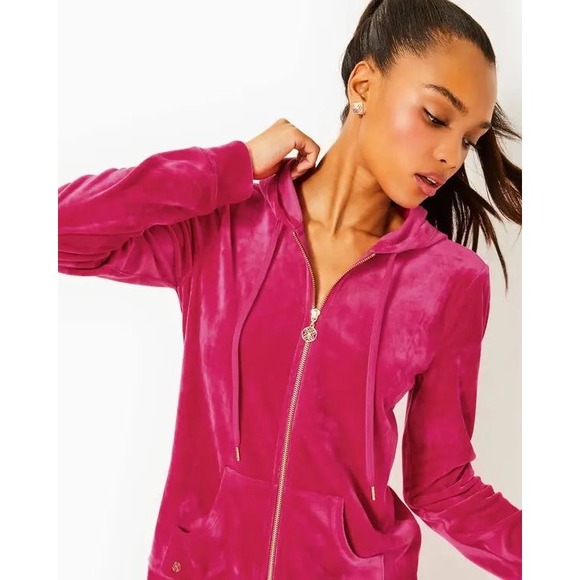 Lilly Pulitzer Larina Velour Zip Hoodie Raspberry/Hot Pink Fits XL- XXL. NWT. - Picture 7 of 7